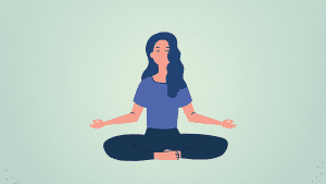Illustration of a woman with long blue hair sitting cross-legged in a meditative pose, wearing a blue shirt and dark pants, against a light background. Represents meditation, relaxation, and mindfulness.