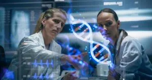 Physician And Patient Examine A Holographic Dna Model. AI-Powered Genomic Analysis Highlights Mutation Hotspots And Therapeutic Targets In Real-Time, Precision Medicine And Targeted Gene Therapies.
